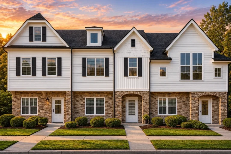 Front elevation of a traditional townhouse featuring brick, horizontal lap siding, and board and batten details with arched entryways
