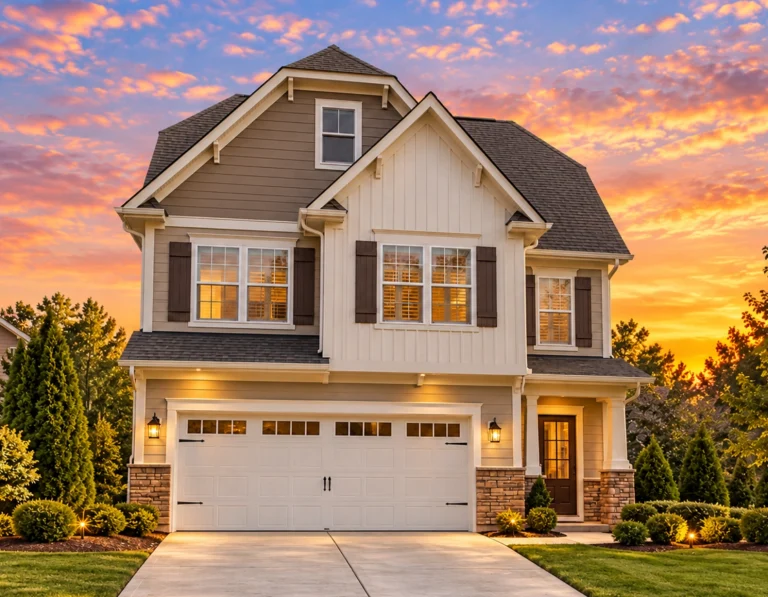 Front elevation of a two-story Traditional Colonial style home featuring board and batten siding, horizontal lap siding, and stone accents around the base with a front-entry garage.