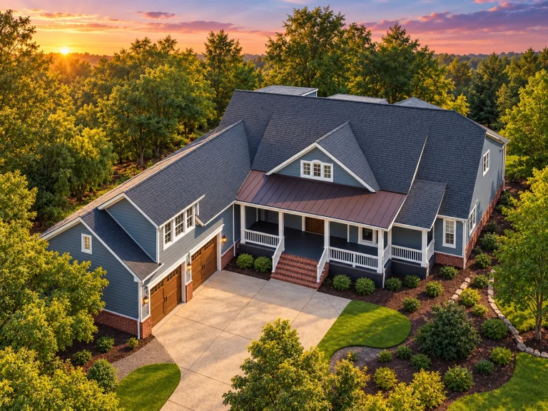 Front view of a Modern Farmhouse and Southern Farmhouse style home featuring board and batten siding, horizontal lap siding, and brick foundation accents