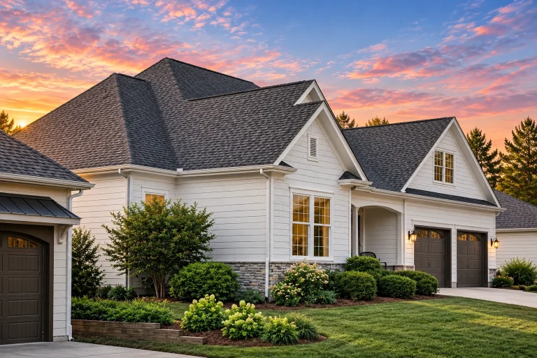 Cottage House Plans 7 Front exterior of a Coastal Traditional home featuring white shingle siding, stone accents, gabled rooflines, and an attached garage at sunset