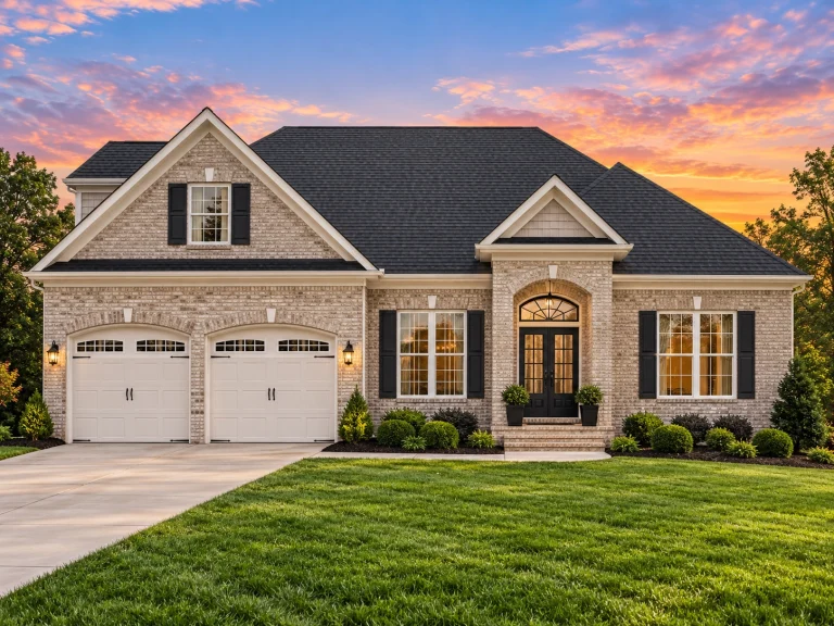 Front elevation of a traditional brick Colonial style home with symmetrical façade, white trim, shutters, and two-car garage