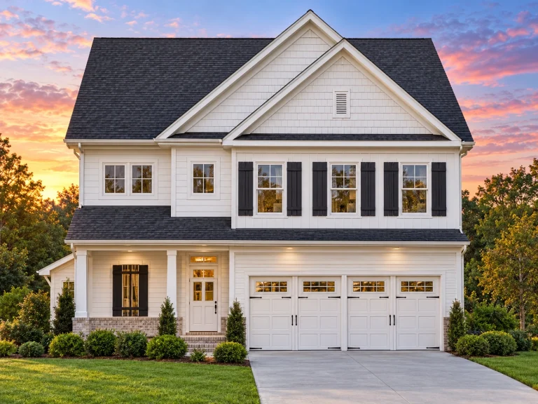 Front elevation of a New American style two-story home with white lap siding, stone accents, black shutters, and an attached two-car garage
