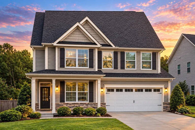 Front exterior of a Traditional New American style home with horizontal siding, stone accents, covered porch, and two-car garage