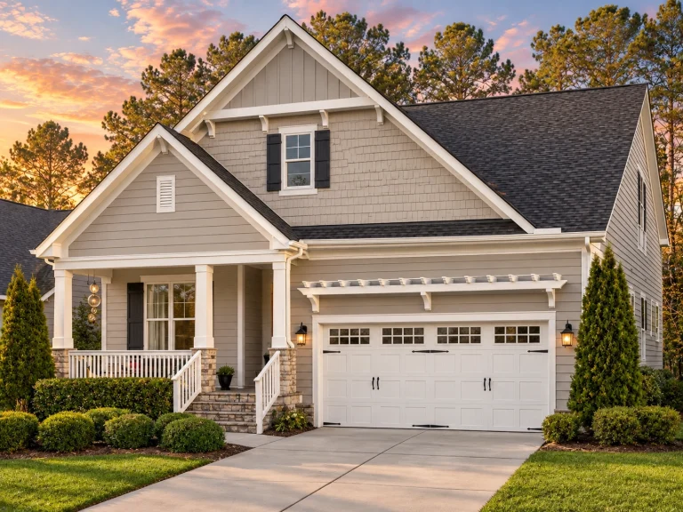 Front elevation of a Craftsman farmhouse style home featuring board and batten siding, stone accents, gabled rooflines, and a covered porch