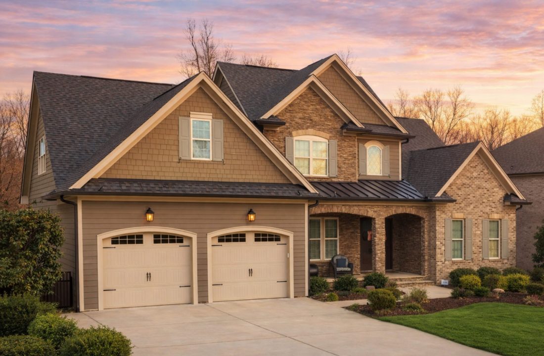 Front elevation of a New American modern traditional house featuring brick, stone, and horizontal siding