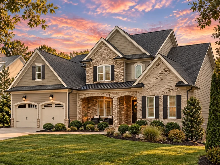 Front elevation of a New American modern traditional house featuring brick, stone, and horizontal siding