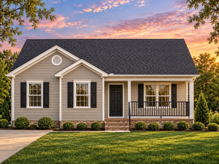 Front view of a Traditional Ranch home with horizontal siding, brick foundation skirting, gable roof, and welcoming covered porch