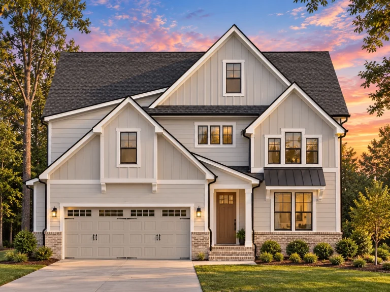 Front elevation of Modern Farmhouse home with white board and batten siding, brick base, gabled rooflines, and attached two-car garage