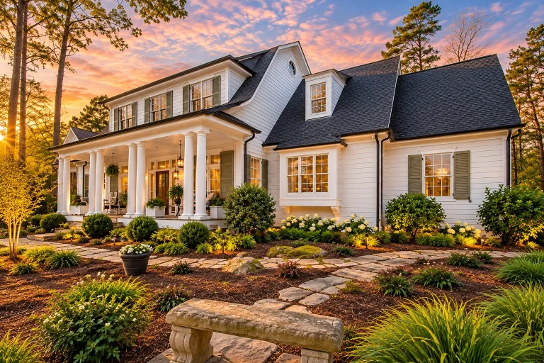 Front elevation of a Southern Colonial style home with white lap siding, full-height columns, symmetrical windows, and expansive covered porch