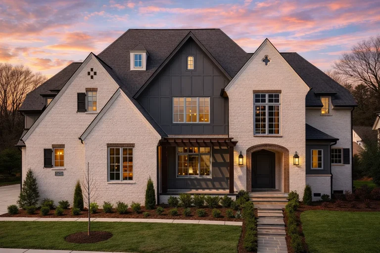 Front exterior view of a French Country style home featuring painted brick walls, board-and-batten gables, steep rooflines, and an arched entry