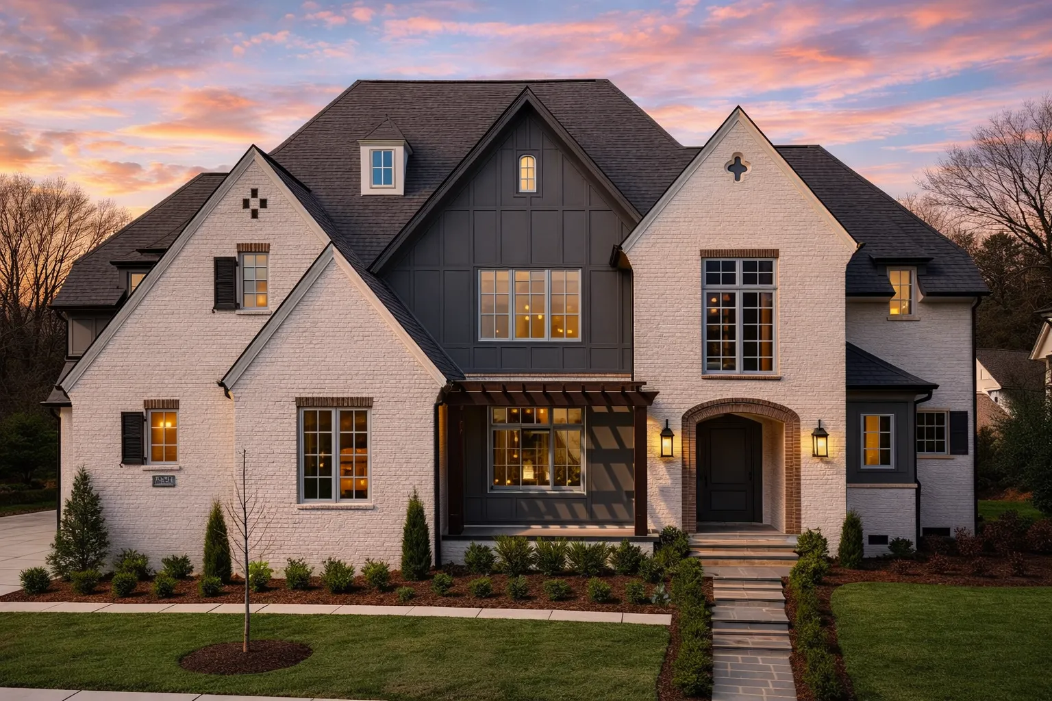 Front exterior view of a French Country style home featuring painted brick walls, board-and-batten gables, steep rooflines, and an arched entry