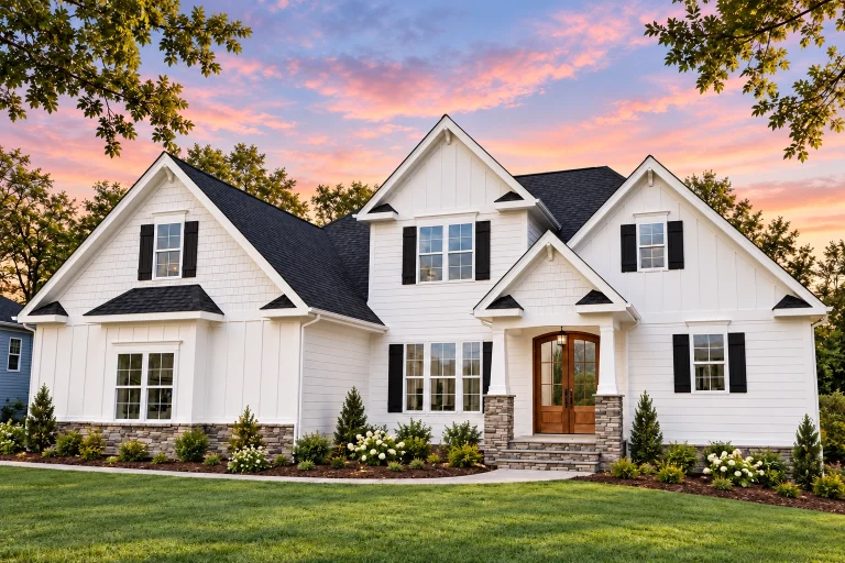 Modern Suburban House Plans 25 Front elevation of a Traditional Colonial home featuring horizontal siding, black shutters, and a stone accent wall with symmetrical windows and gable rooflines.
