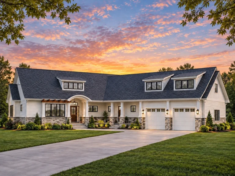 Top Designer-Approved House Plans 24 Front exterior view of a Modern Farmhouse New American style home featuring board and batten siding, gabled rooflines, and an attached three-car garage