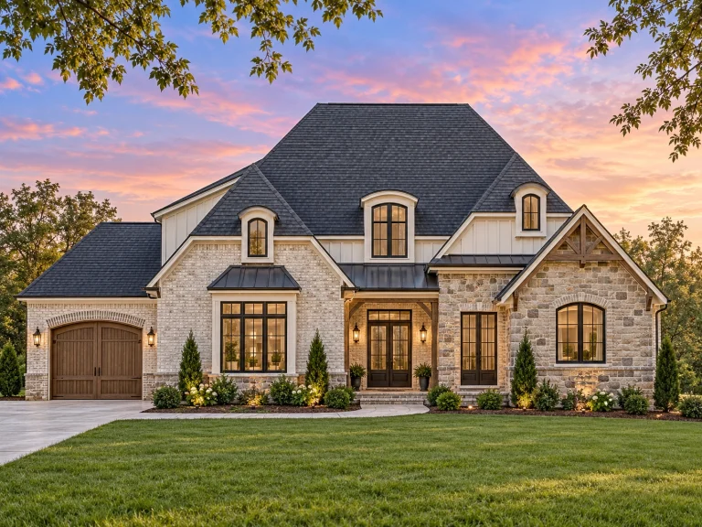Front exterior view of a New American modern traditional house featuring stone accents, board-and-batten siding, dark rooflines, and symmetrical curb appeal