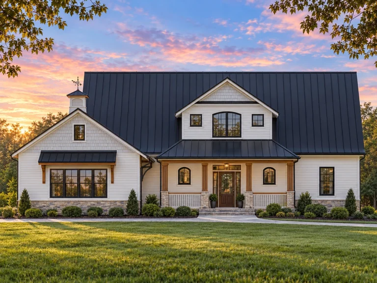 Front elevation of a modern farmhouse style home featuring board and batten siding, symmetrical façade, metal roof, and covered front porch