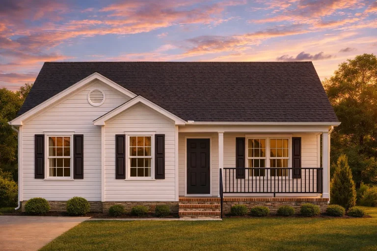 Front view of a Traditional Ranch home with horizontal siding, brick foundation skirting, gable roof, and welcoming covered porch
