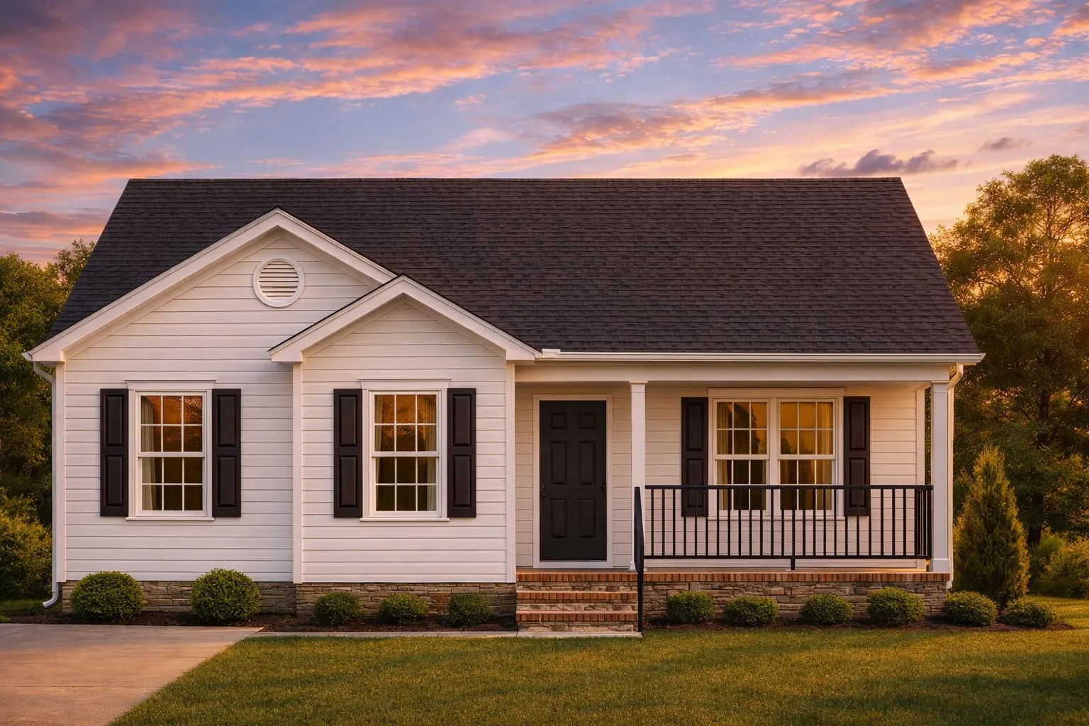 Mediterranean House Plans 17 Front view of a Traditional Ranch home with horizontal siding, brick foundation skirting, gable roof, and welcoming covered porch