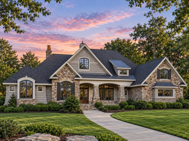 Front exterior view of a Tudor Revival style home featuring stone and brick façade, steep gabled rooflines, arched windows, and traditional European detailing