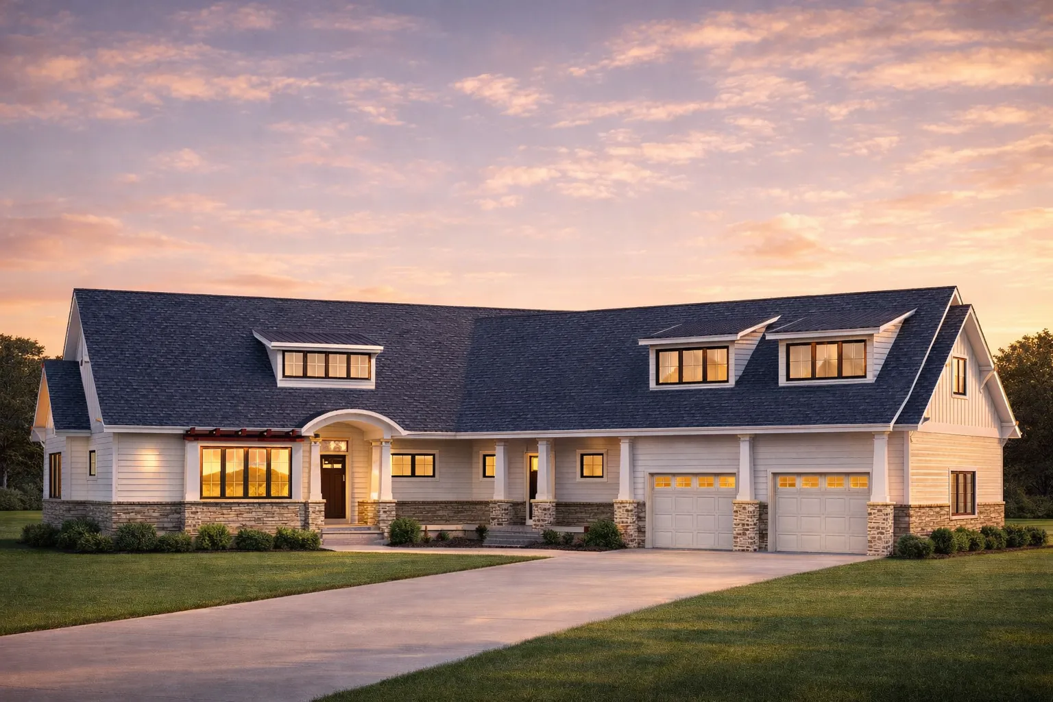 Front exterior view of a Modern Farmhouse New American style home featuring board and batten siding, gabled rooflines, and an attached three-car garage