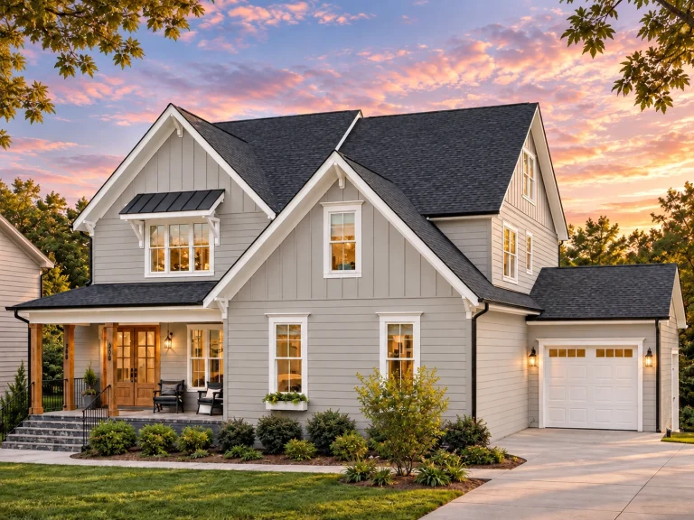 Conventional House Plans 22 Front elevation of a Modern Farmhouse style home with white board and batten siding, gabled rooflines, covered porch, and two-car garage