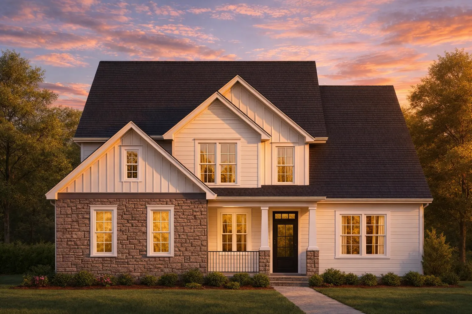 Front elevation of a Modern Farmhouse with board and batten siding, stone base, black trim windows, and a covered front porch entry