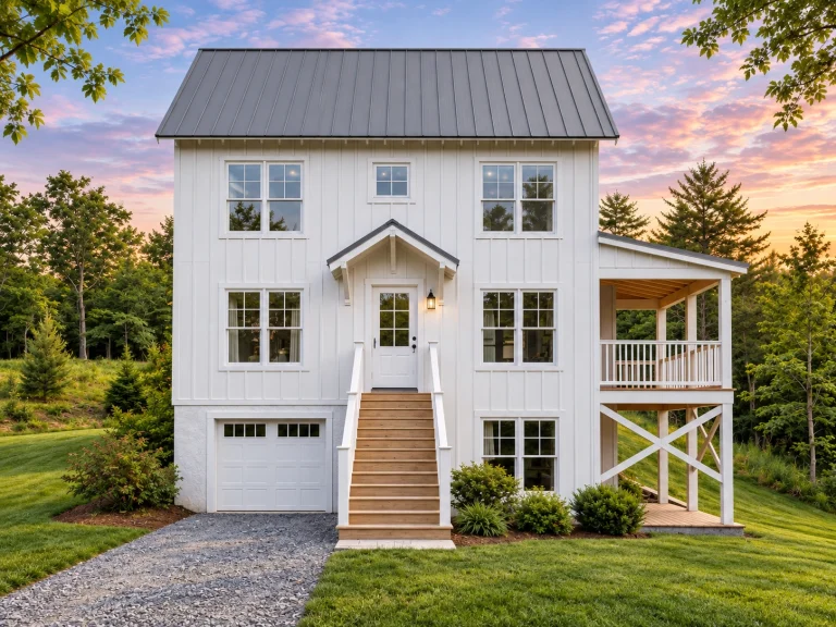 Simple House Plans 16 Front elevation of a Modern Coastal Farmhouse featuring board and batten siding, black metal roof, and raised front entry with garage below