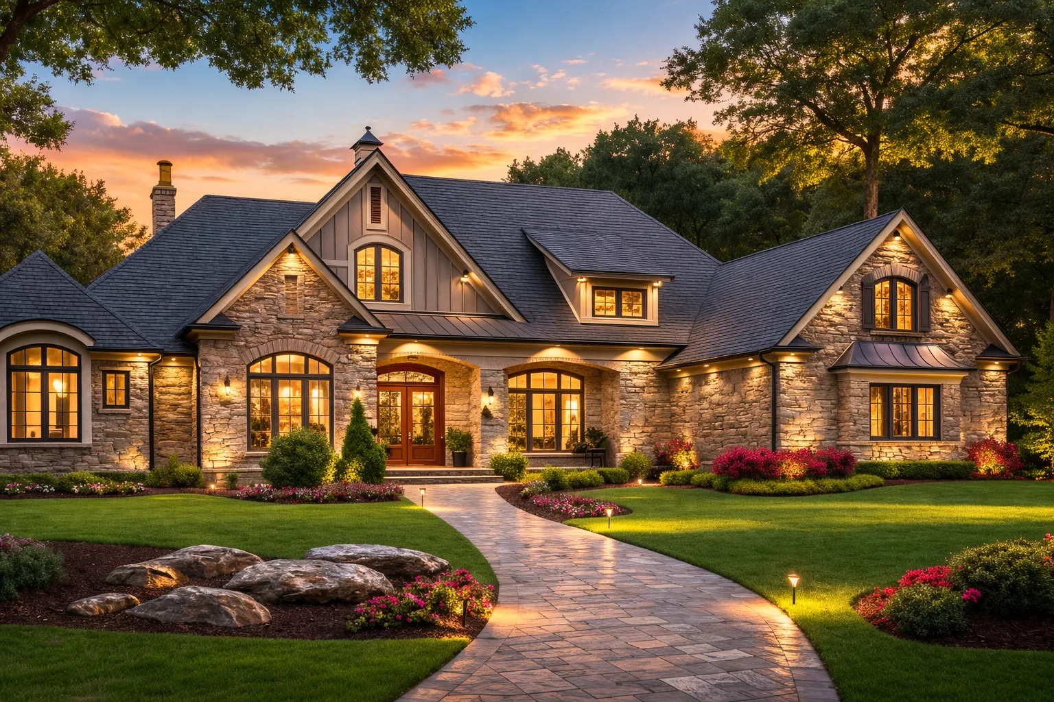 Front exterior view of a Tudor Revival style home featuring stone and brick façade, steep gabled rooflines, arched windows, and traditional European detailing