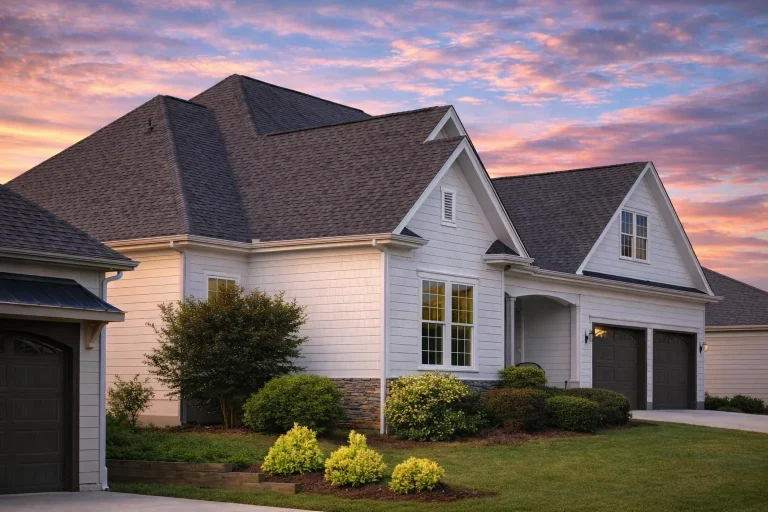 Front exterior of a Coastal Traditional home featuring white shingle siding, stone accents, gabled rooflines, and an attached garage at sunset