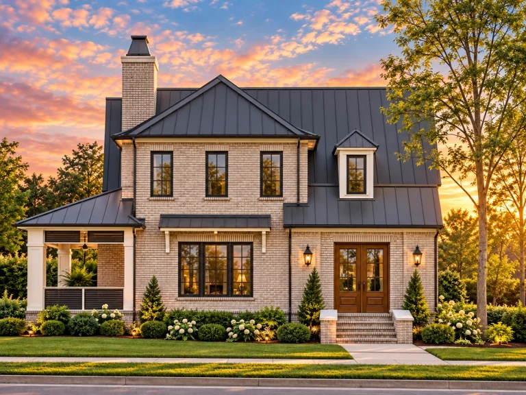Front elevation of a New American Modern Traditional house featuring brick exterior, symmetrical windows, covered entry, and metal roof accents