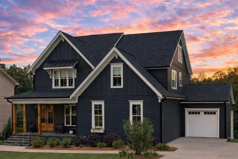Front elevation of a Modern Farmhouse style home with white board and batten siding, gabled rooflines, covered porch, and two-car garage