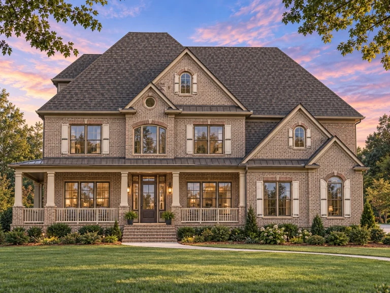 Front elevation of a Traditional Colonial style home with horizontal siding, brick accents, symmetrical windows, and covered front porch