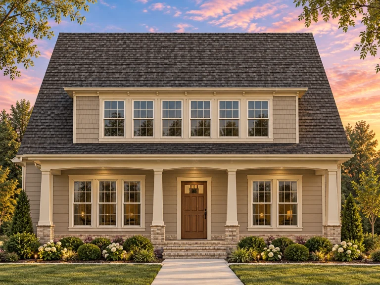 Front view of American Foursquare style house featuring blue horizontal siding, white trim, brick foundation, and symmetrical windows with a covered porch entry