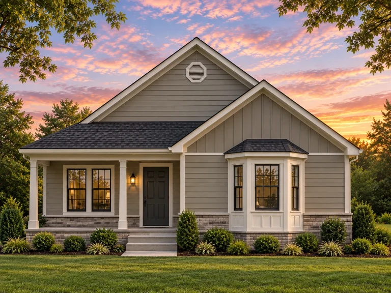Front elevation of a Classic Cottage Ranch home featuring white board and batten siding, brick foundation accents, and a welcoming covered porch