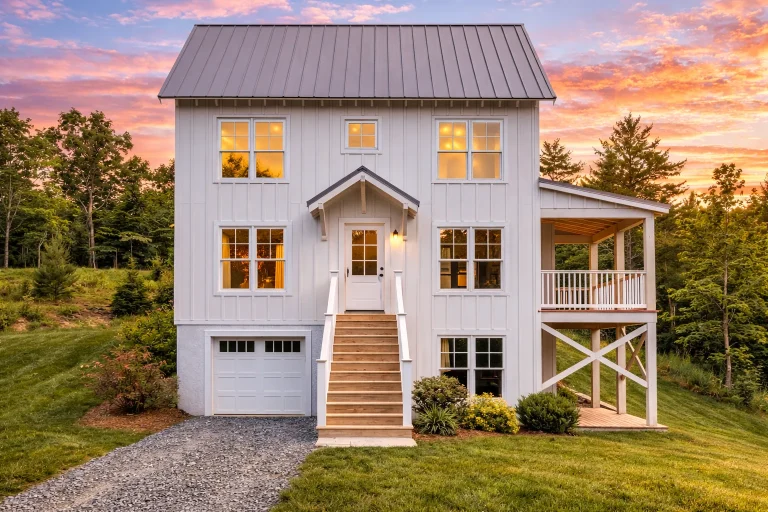 Front elevation of a Modern Coastal Farmhouse featuring board and batten siding, black metal roof, and raised front entry with garage below