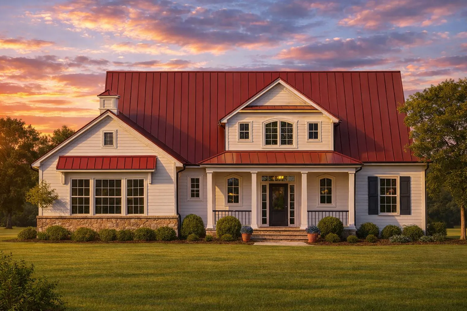Front elevation of a modern farmhouse style home featuring board and batten siding, symmetrical façade, metal roof, and covered front porch
