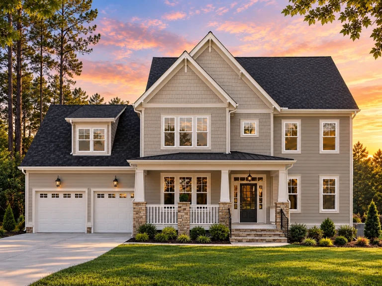Front exterior of a New American modern traditional house featuring white lap siding, stone porch columns, symmetrical windows, and a welcoming covered entry