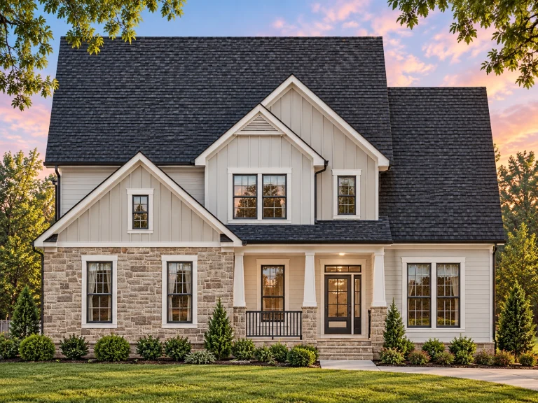 Front elevation of a Modern Farmhouse with board and batten siding, stone base, black trim windows, and a covered front porch entry