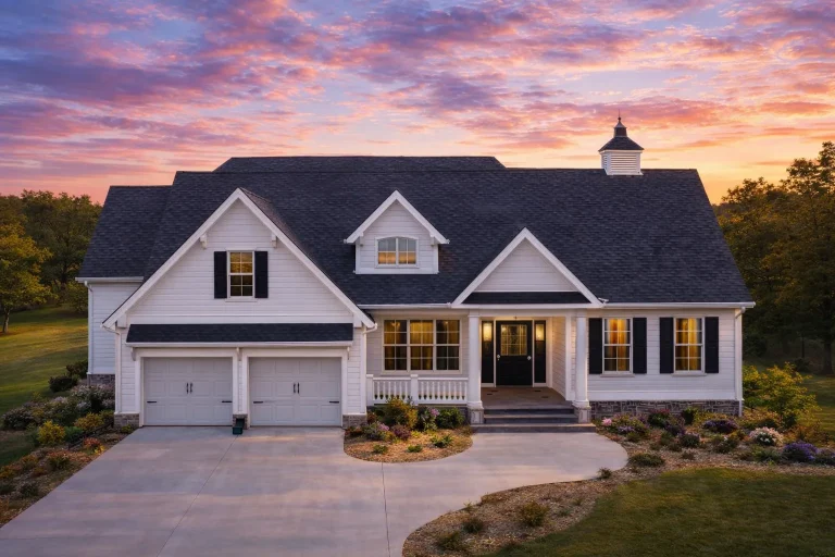 House Plans 7 Front elevation of a Cape Cod style home with horizontal siding, stone foundation accents, symmetrical gables, and an attached two car garage
