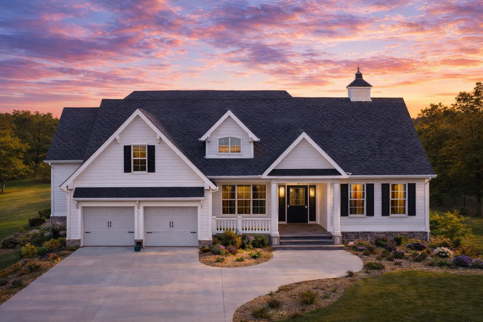 Front elevation of a Cape Cod style home with horizontal siding, stone foundation accents, symmetrical gables, and an attached two car garage