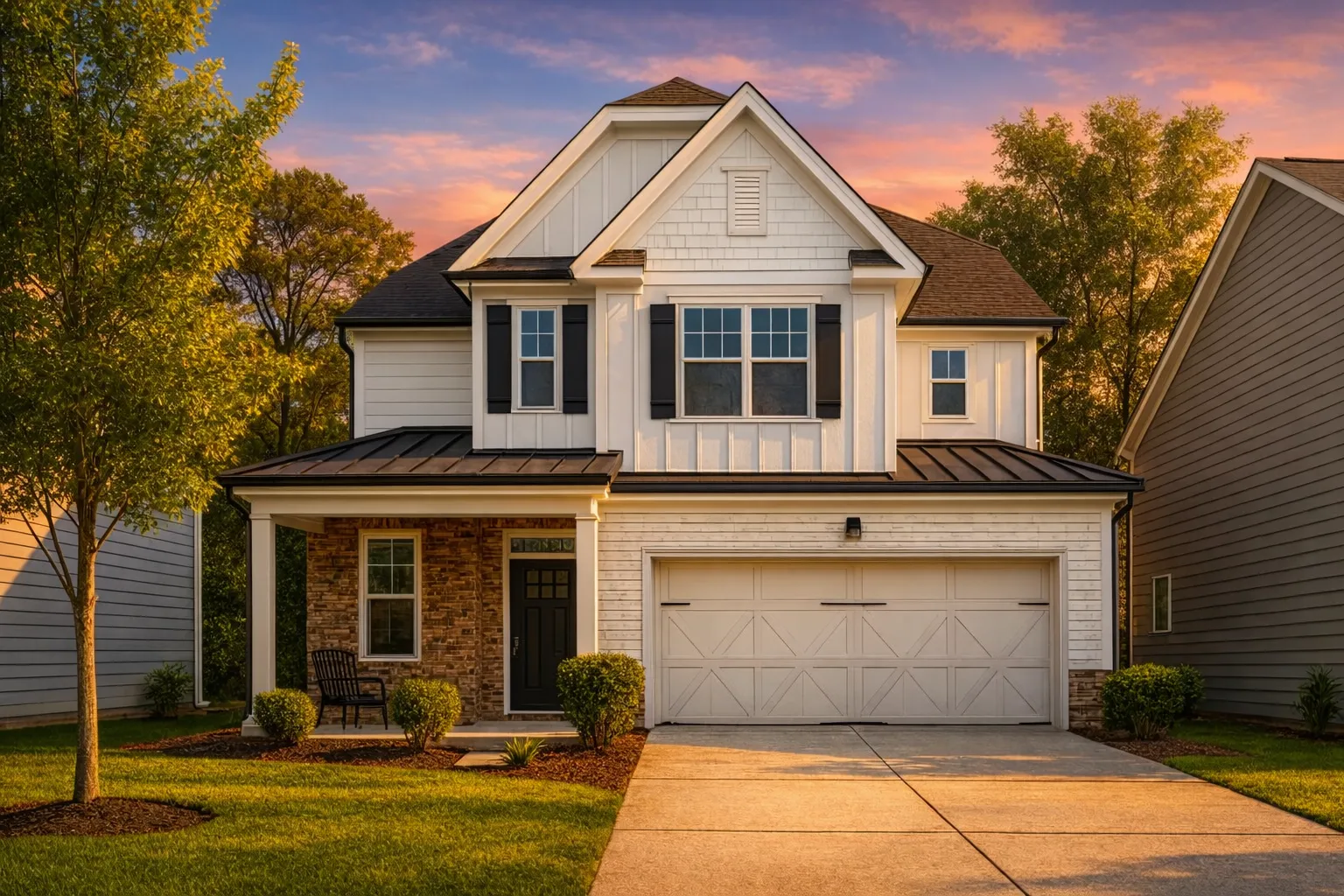 Front exterior view of a New American Traditional Craftsman home featuring brick, board and batten siding, layered gables, and a two-car garage