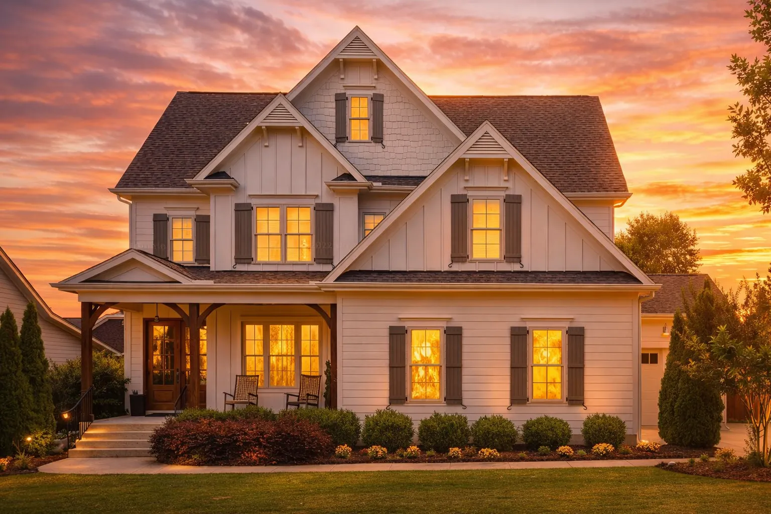 Front elevation of a modern farmhouse style home featuring board and batten siding, gabled rooflines, covered porch, and warm interior lighting