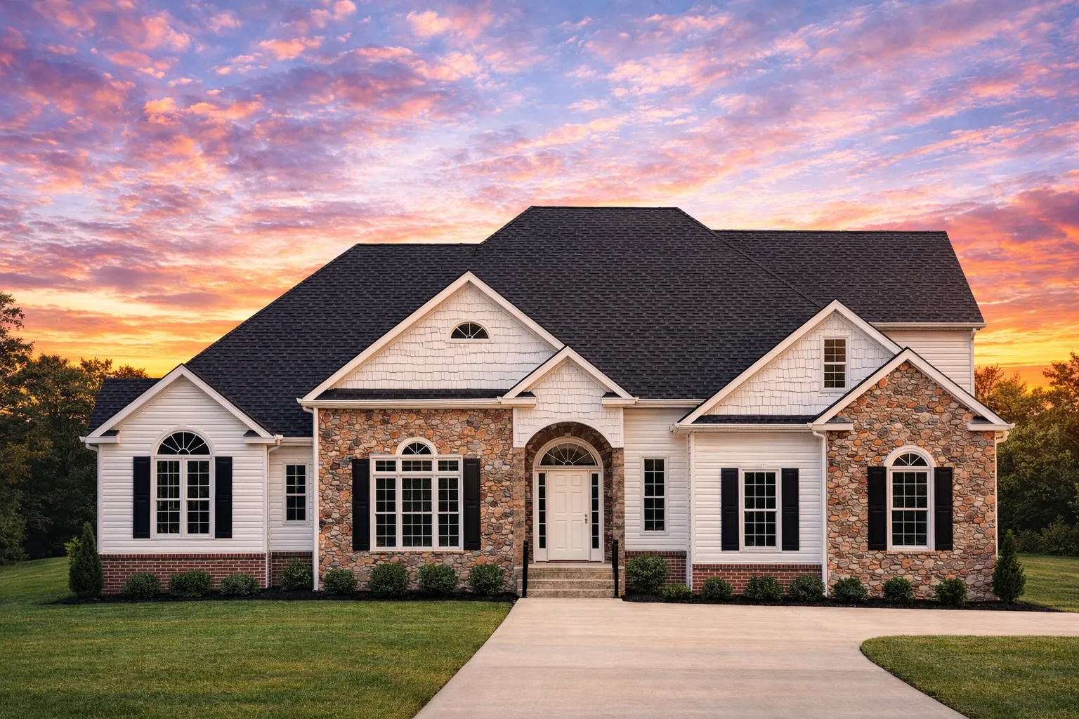 Front view of a Traditional Transitional style home featuring a combination of stone and horizontal siding, arched windows, and a symmetrical facade surrounded by lush landscaping.