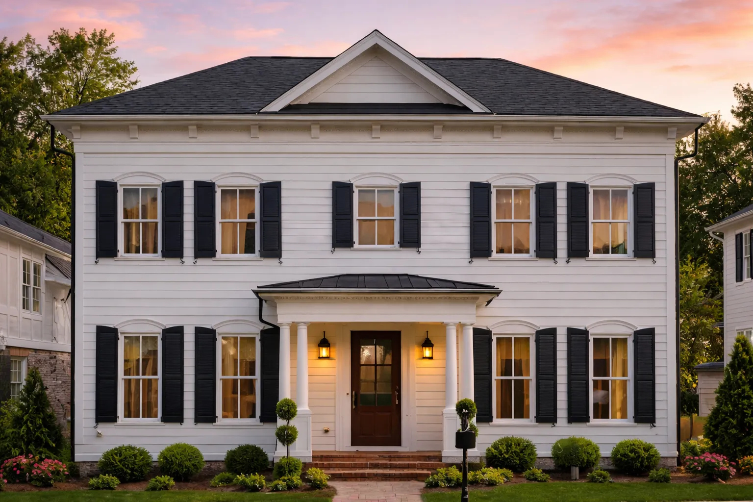 Front elevation of a Traditional Colonial style home featuring horizontal siding, brick foundation, central entry porch, and classic black shutters