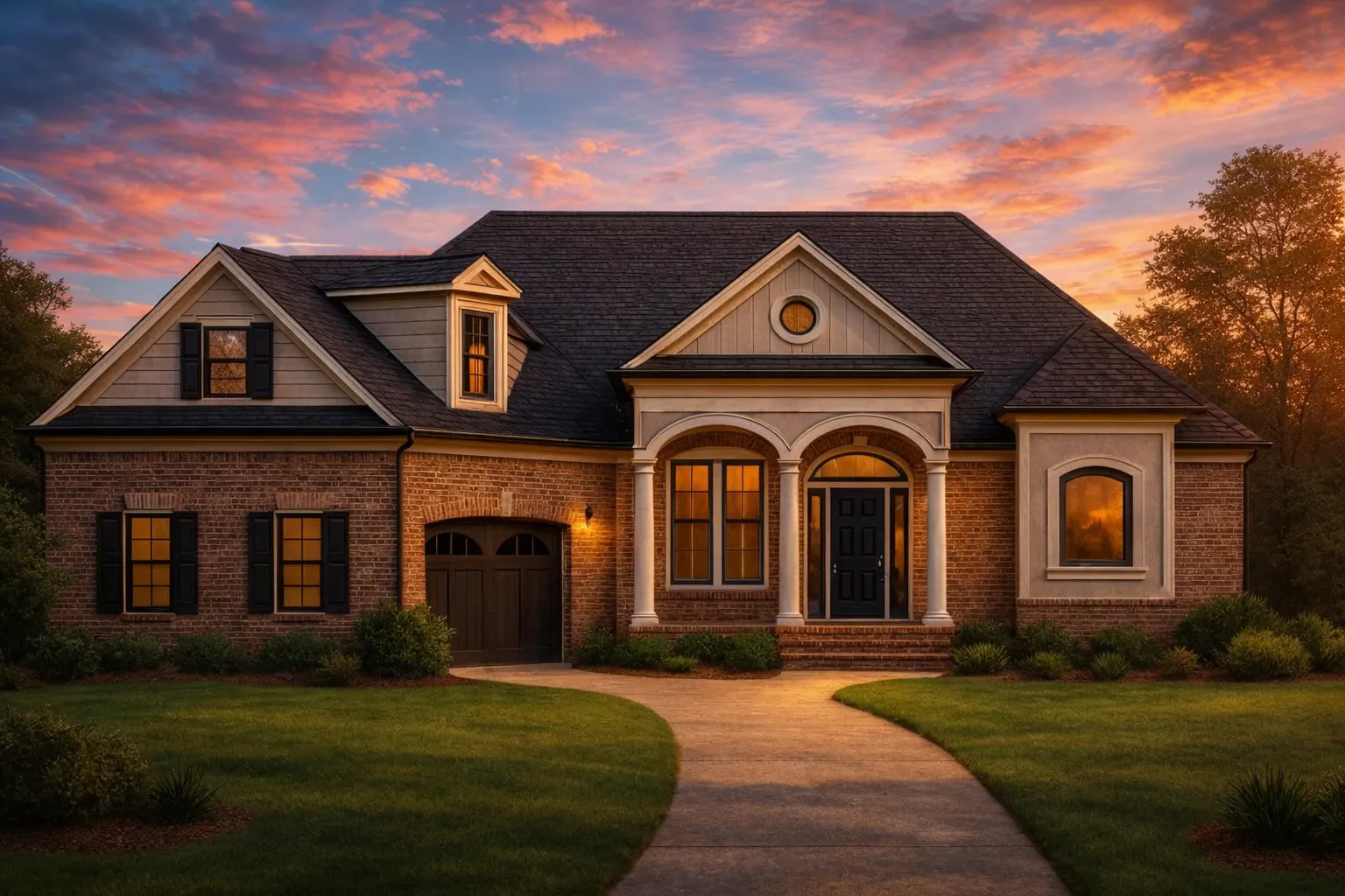 Front view of a Traditional French Country style house featuring a brick exterior, arched porch columns, and board and batten gable accents