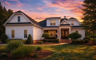 Traditional Country 2-story home exterior with gabled roof, covered porch, and classic yellow siding