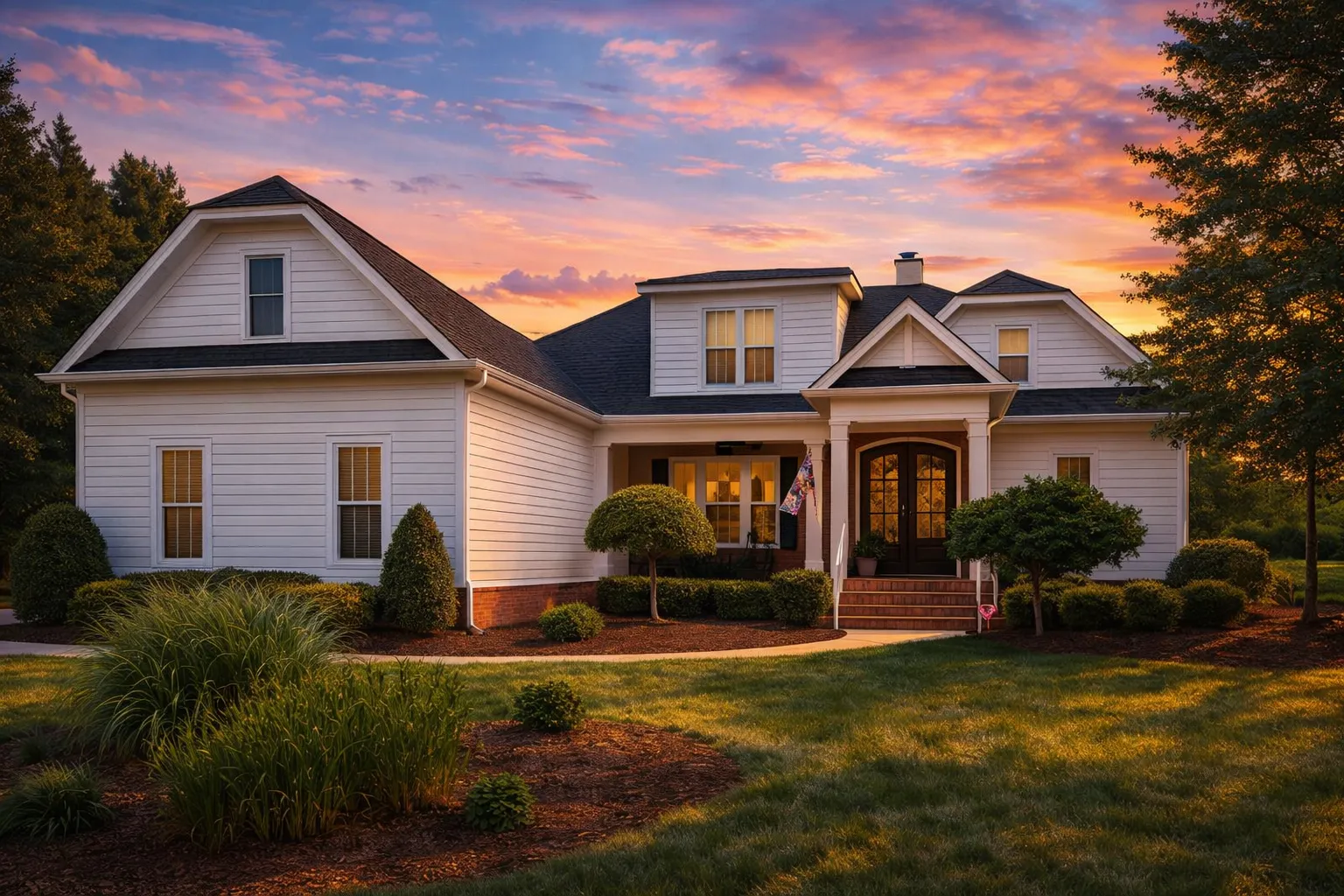 Traditional Country 2-story home exterior with gabled roof, covered porch, and classic yellow siding