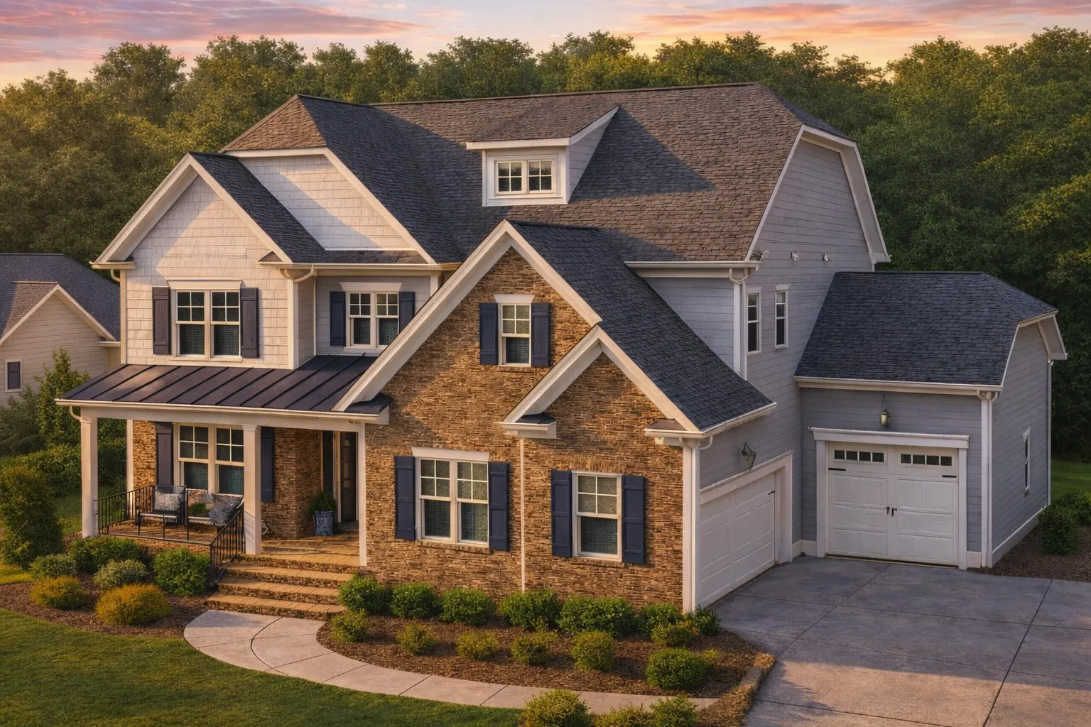 Front exterior of a New American Traditional Colonial style house with brick façade, horizontal siding, gabled rooflines, and covered front porch