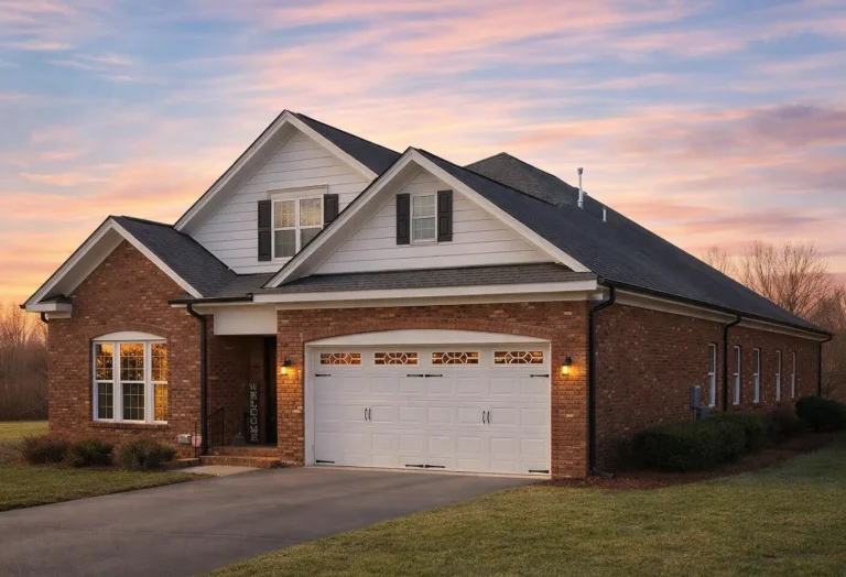 Front elevation of a Traditional Colonial style brick home with Cape Cod influences, symmetrical windows, central entry, and classic shutters