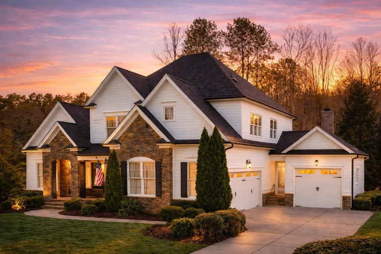 Front elevation of a New American modern traditional house with stone accents, horizontal siding, symmetrical windows, and attached garage