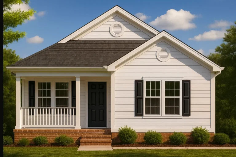 Front elevation of a traditional suburban ranch cottage with horizontal siding, brick foundation, covered porch, and symmetrical windows